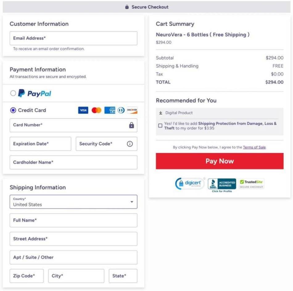 Secure NeuroVera checkout page with safe payment processing